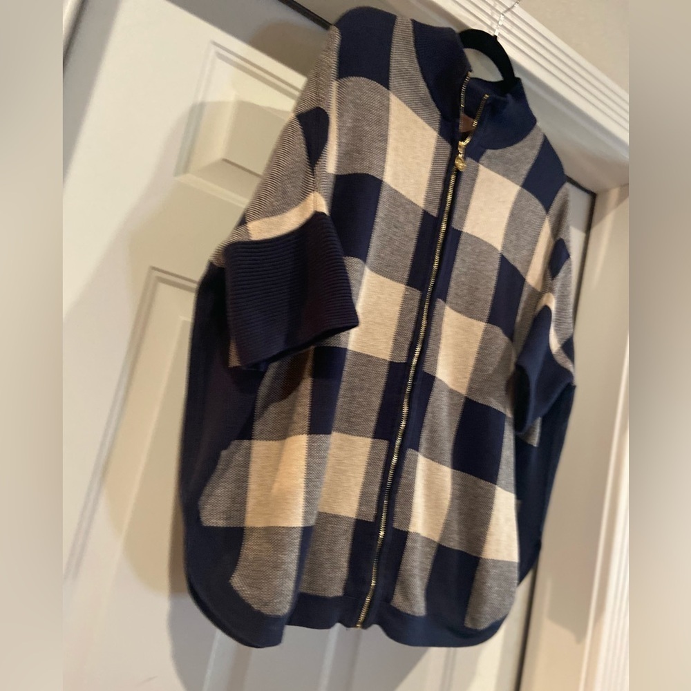 Anne Klein~Oversized~Plaid Knit~Zip-Up~Sweater~Cardigan~Short Sleeve~Size S